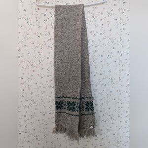 Vintage LL Bean Wool Scarf Gray Knit  Green Nordic Pattern Souble layer Fringed
